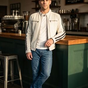 Wilsons Vegan Moto  Leather MWhite Jacket with Black Accents